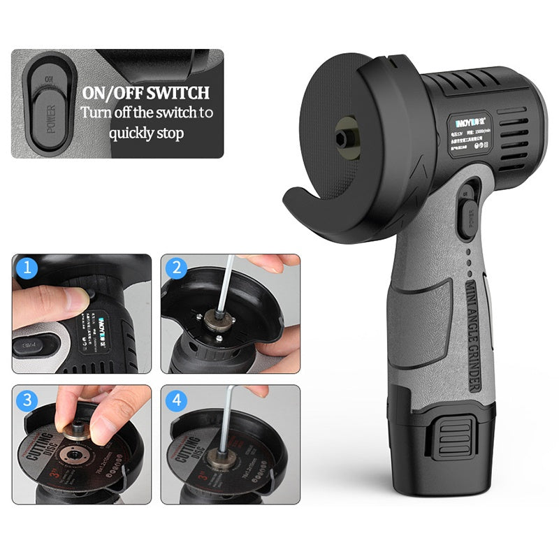 Compact Cordless Rotary Tool 3-Inch Disc 400W Motor 15000 RPM for Metal Cutting Surface Prep Workshop Garage Projects Portable Handheld Grin