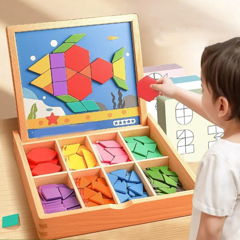 Wooden Magnetic Pattern Puzzle Game for Kids – 180 or 220 Colorful Shape Tiles with Design Cards – STEM Learning Toy for Creativity & Logic