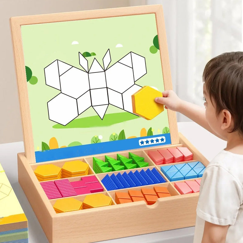 Wooden Magnetic Pattern Puzzle Game for Kids – 180 or 220 Colorful Shape Tiles with Design Cards – STEM Learning Toy for Creativity & Logic