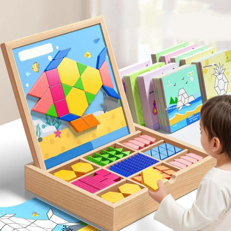 Wooden Magnetic Pattern Puzzle Game for Kids – 180 or 220 Colorful Shape Tiles with Design Cards – STEM Learning Toy for Creativity & Logic