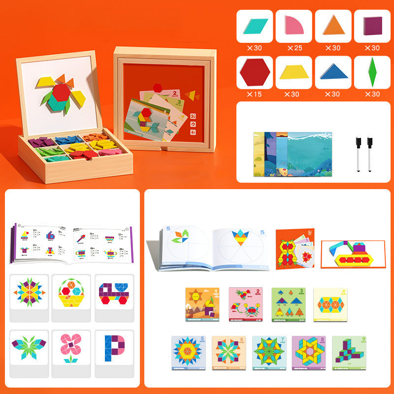 Wooden Magnetic Pattern Puzzle Game for Kids – 180 or 220 Colorful Shape Tiles with Design Cards – STEM Learning Toy for Creativity & Logic