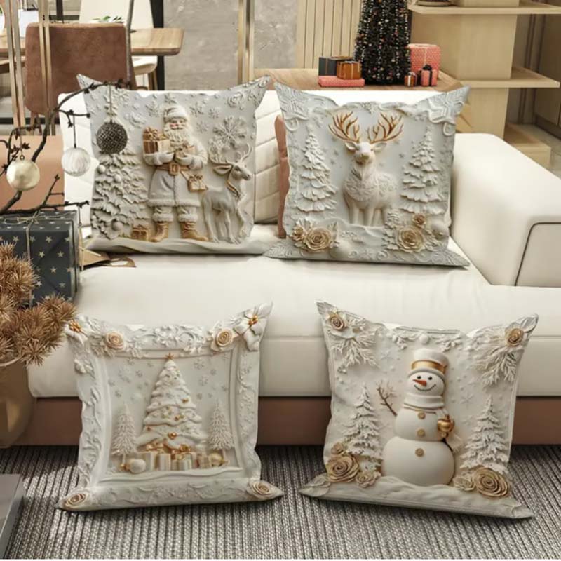 Holiday Throw Pillow Covers Set of 4 - Christmas Decorative Cushion Cases with Santa, Snowman, Tree & Reindeer Designs for Couch, Sofa, Bedr
