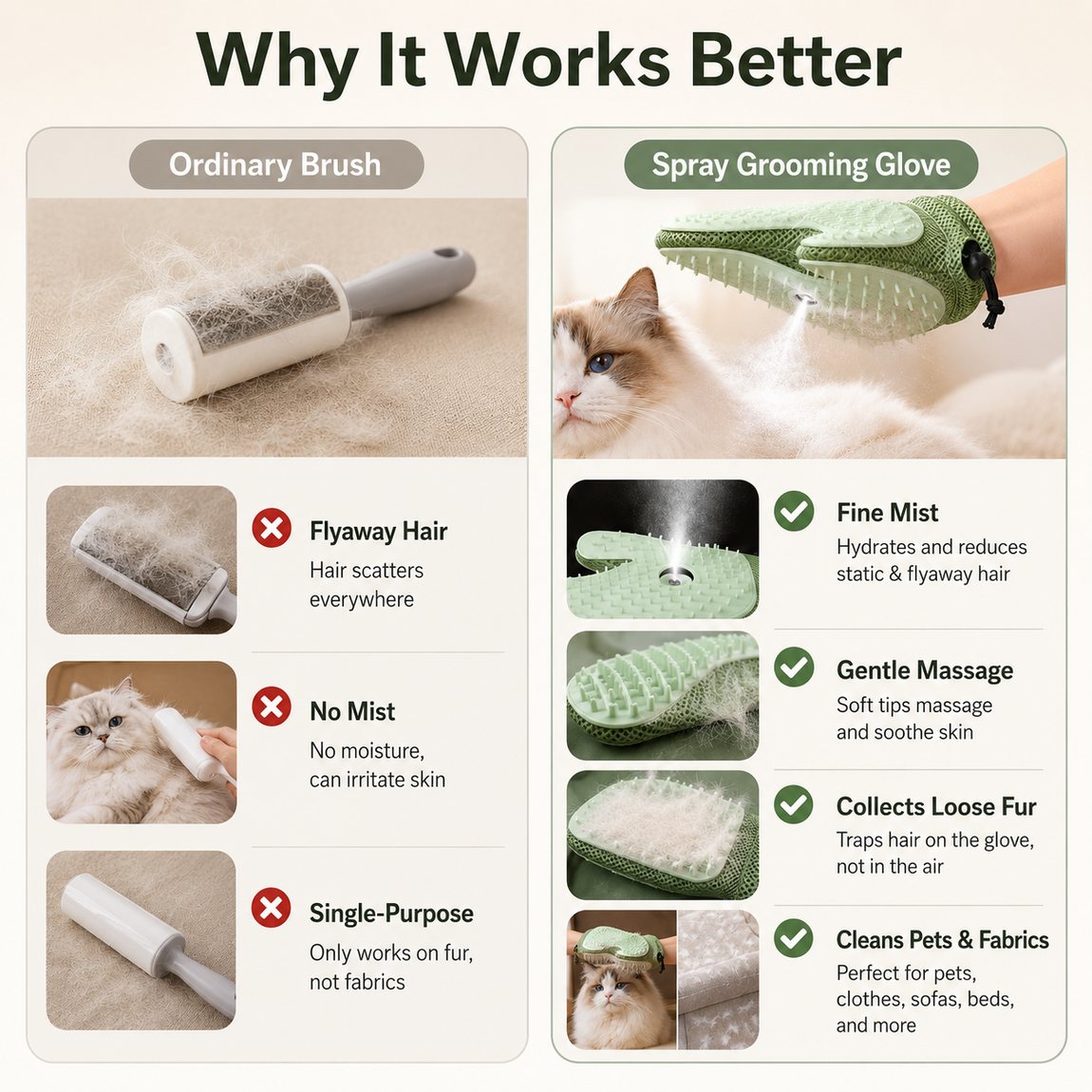 Ortekor Spray Pet Grooming Glove for Cats & Dogs - No-Bath Deshedding, Gentle Massage & Sofa Hair Cleanup