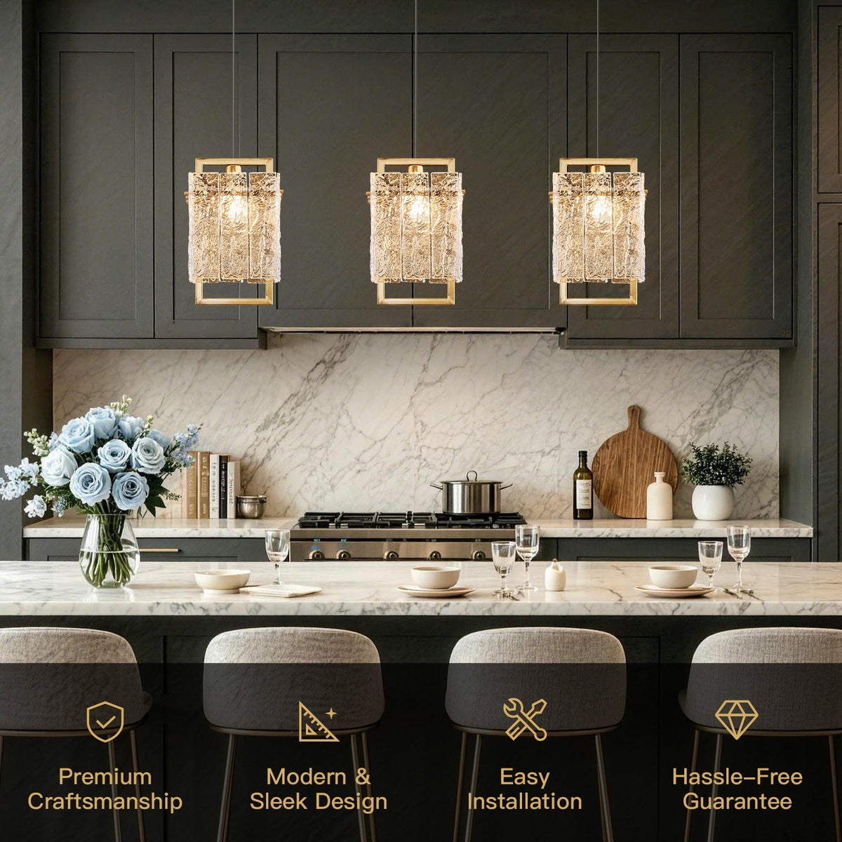 Square Cage Pendant Light Fixture with Textured Glass Shade & Gold Frame for Dining Room, Kitchen Island, Bedroom