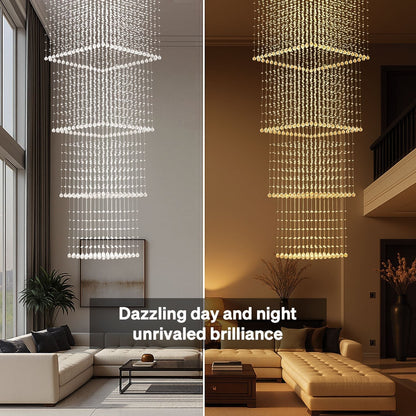 Tiered Raindrop Chandelier for High Ceilings | Stainless Steel Square Frame | GU10 LED Foyer Staircase Lighting | Chrome Finish Multi-Level