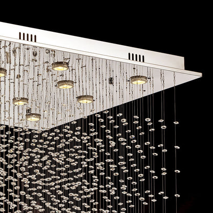 Tiered Square Crystal Chandelier with Cascading Raindrop Pendants for High Ceilings – Chrome Stainless Steel Frame for Foyer Stairway
