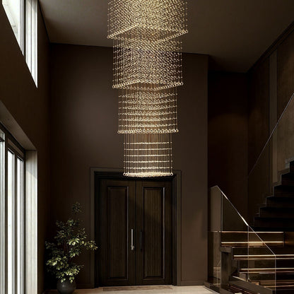 Tiered Raindrop Chandelier for High Ceilings | Stainless Steel Square Frame | GU10 LED Foyer Staircase Lighting | Chrome Finish Multi-Level