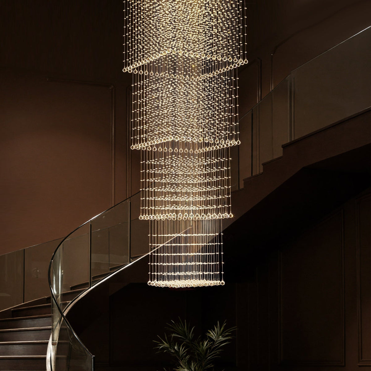 Tiered Raindrop Chandelier for High Ceilings | Stainless Steel Square Frame | GU10 LED Foyer Staircase Lighting | Chrome Finish Multi-Level