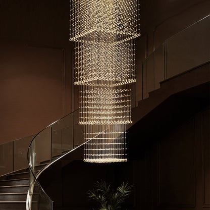 Tiered Square Crystal Chandelier with Cascading Raindrop Pendants for High Ceilings – Chrome Stainless Steel Frame for Foyer Stairway