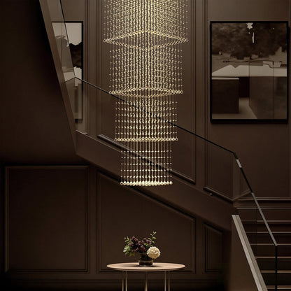 Tiered Raindrop Chandelier for High Ceilings | Stainless Steel Square Frame | GU10 LED Foyer Staircase Lighting | Chrome Finish Multi-Level
