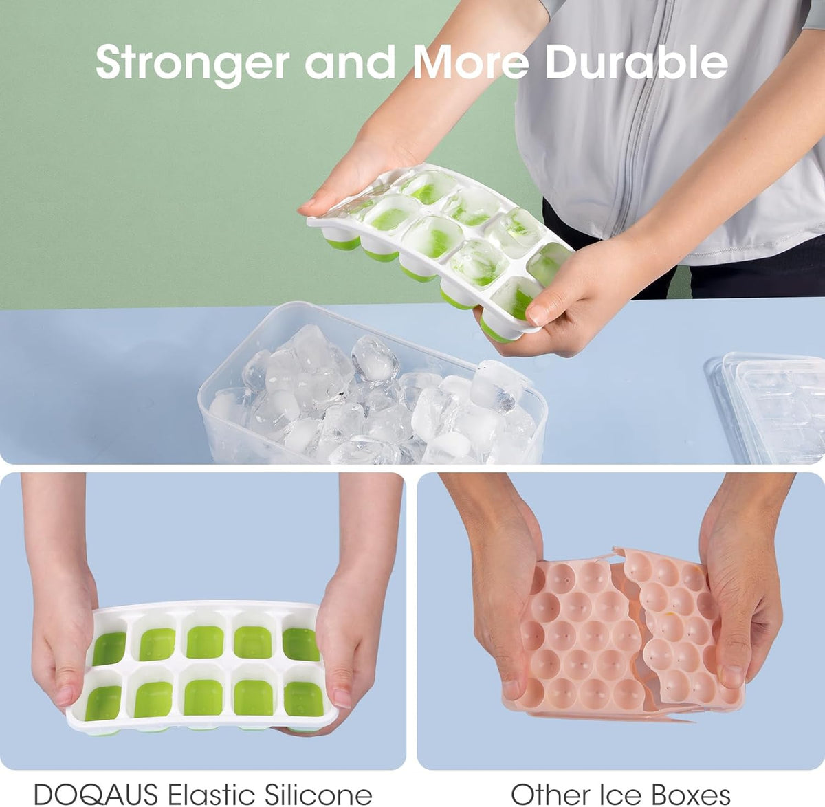 Flexible Silicone Ice Cube Trays with Lid and Storage Container for Freezer Space-Saving Organization