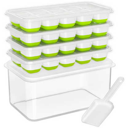Flexible Silicone Ice Cube Trays with Lid and Storage Container for Freezer Space-Saving Organization