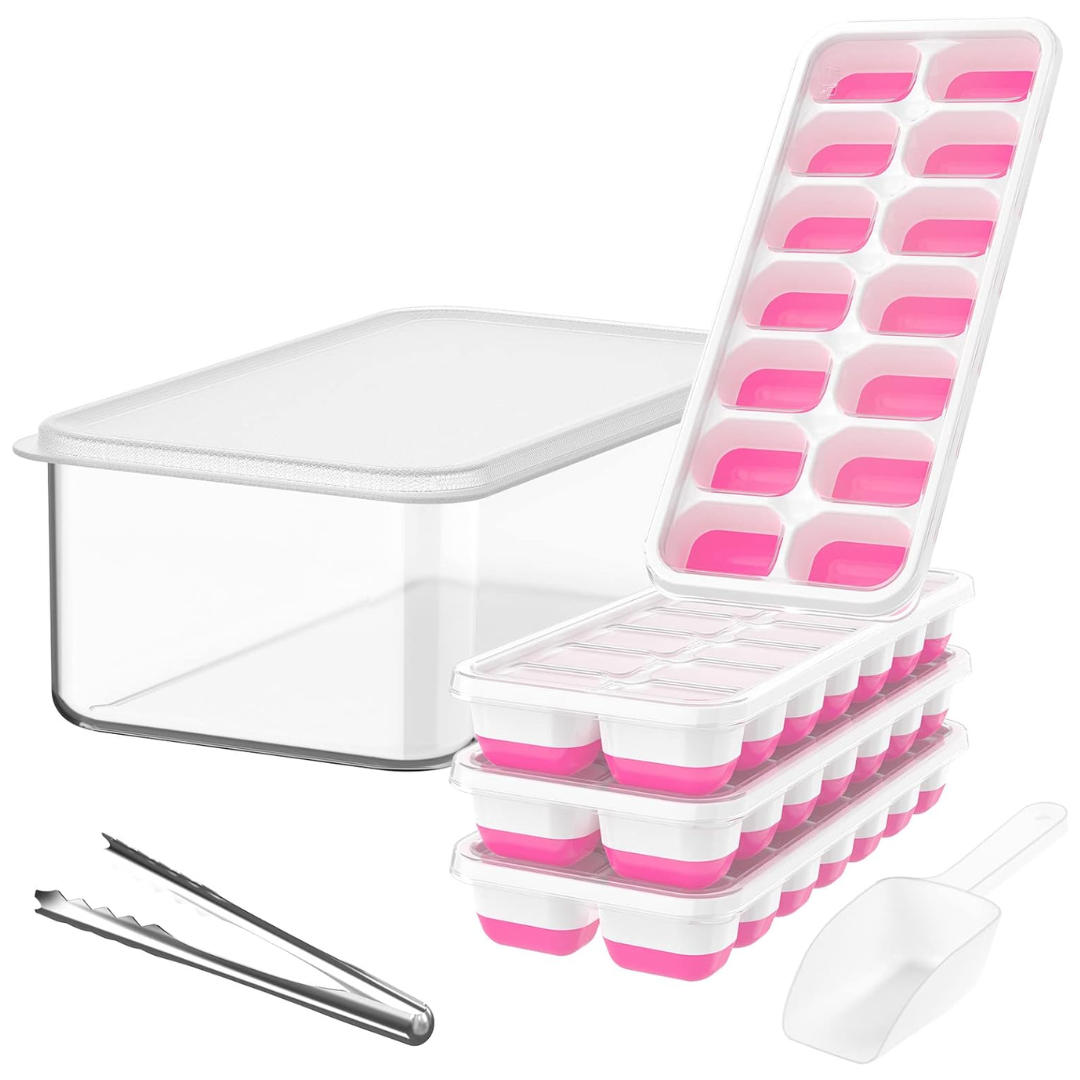 Flexible Silicone Ice Cube Trays with Lid and Storage Container for Freezer Space-Saving Organization