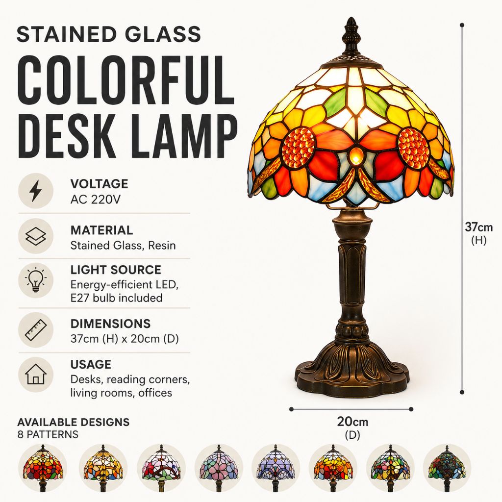 Tiffany-Style Art Glass Table Lamp with Adjustable Arm for Office, Bedroom & Reading Nook – 8 Mosaic Designs