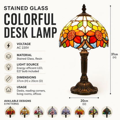 Tiffany-Style Art Glass Table Lamp with Adjustable Arm for Office, Bedroom & Reading Nook – 8 Mosaic Designs