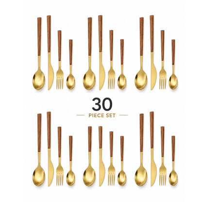 30-Piece Flatware Set Wood-Effect Handles Gold & Silver Finish for 6 Service for Family Dining Everyday Tableware Dinnerware