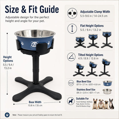 Ortekor French Bulldog Adjustable Elevated Tilted Dog Bowl for Kitchen Feeding Corners - 3-Height Stand with Slow Feeder Insert to Reduce Neck Bending & Mess