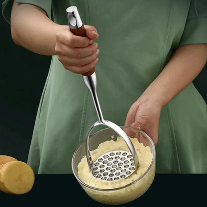 Hand Potato Masher Tool Steel Head Wood Grip Kitchen Utensil for Mashed Potatoes Vegetables Cooked Foods Puree Prep Home Cooking