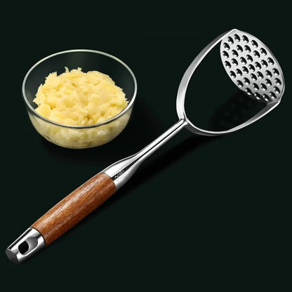 Hand Potato Masher Tool Steel Head Wood Grip Kitchen Utensil for Mashed Potatoes Vegetables Cooked Foods Puree Prep Home Cooking