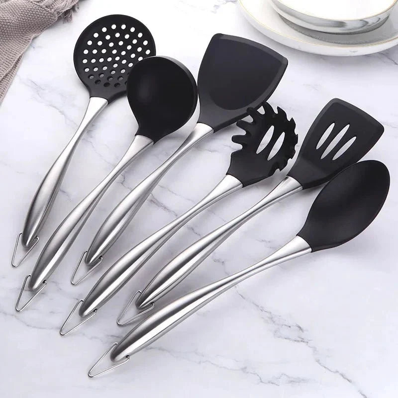 6-Piece Kitchen Tool Set Stainless Steel with Heat-Resistant Handles for Everyday Cooking & Serving | Dishwasher Safe