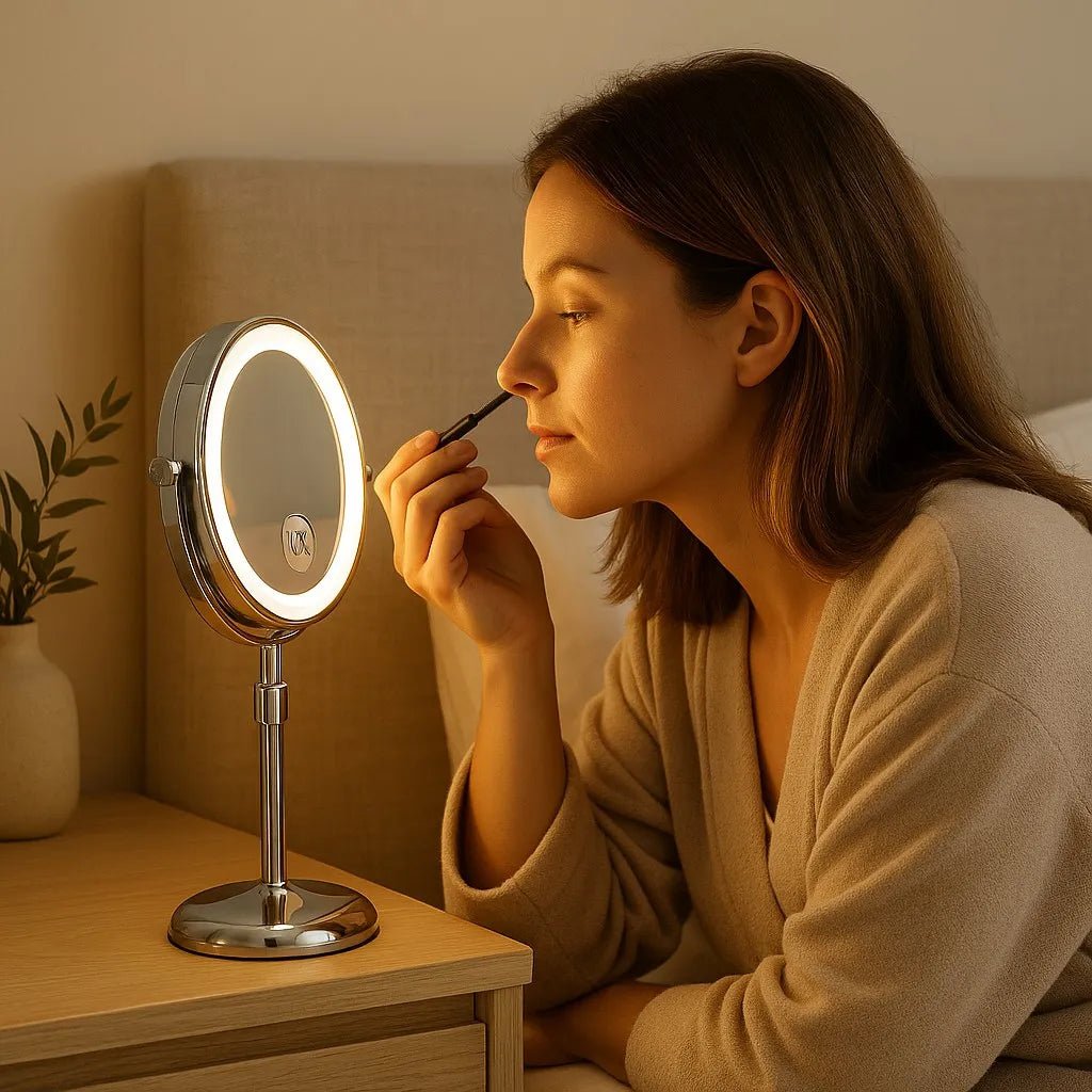 Elegant LED Makeup Mirror | 10X Magnification & Adjustable Height | Perfect Lighting for Flawless Makeup