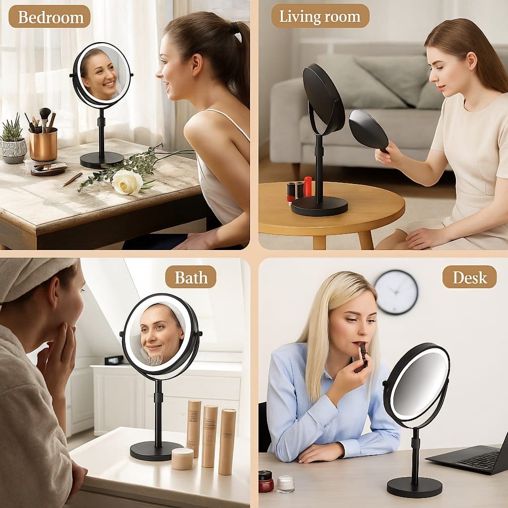 Rechargeable Vanity Mirror with 10X Magnification & Adjustable Height for Countertop Makeup Application