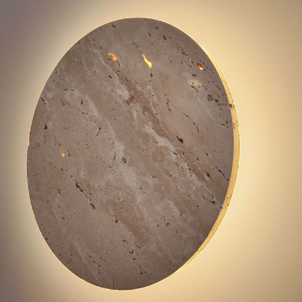 Travertine Circle Sconce for Bedrooms & Hallways – LED Ambient Lighting Fixture with Adjustable Color Temperature
