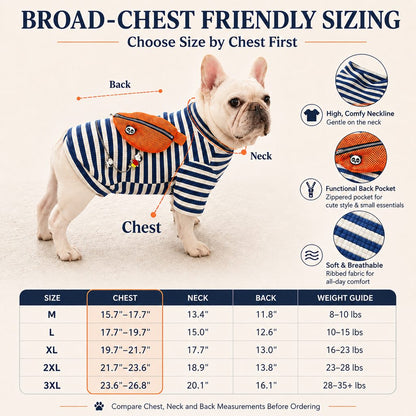 Ortekor French Bulldog Striped Pocket Pullover for Cool Indoor Spaces & Easy Walks - Broad-Chest Sizing