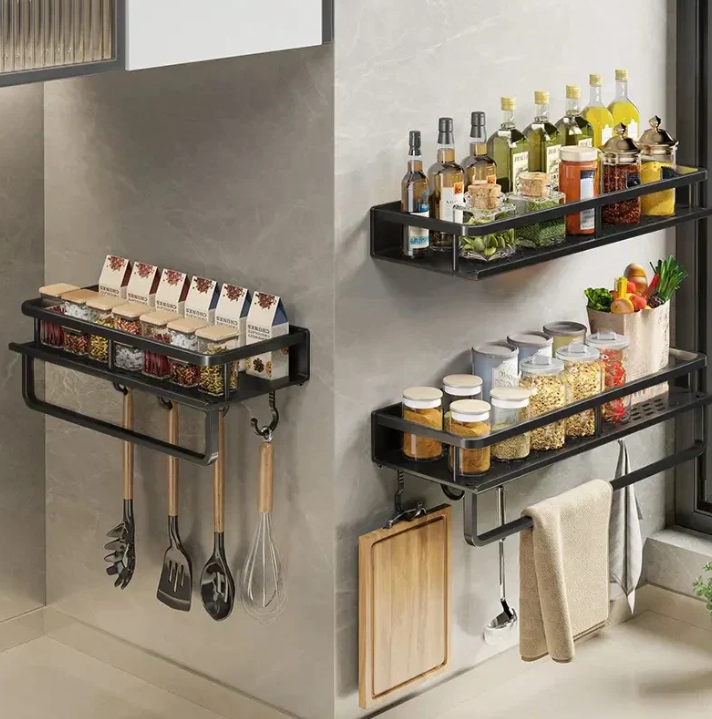 Metal Wall Shelf Organizer with Hooks Black 20 inch for Spices Utensils Towels Kitchen Storage Rack Countertop Space Saver