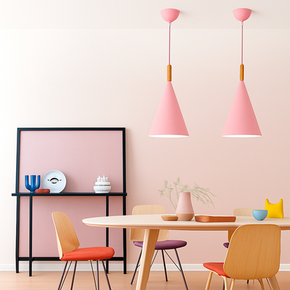 Cone Hanging Lamp with Wood Accent and 47-Inch Adjustable Cord for Kitchens, Dining Tables, Breakfast Nooks, Modern Farmhouse Overhead Task