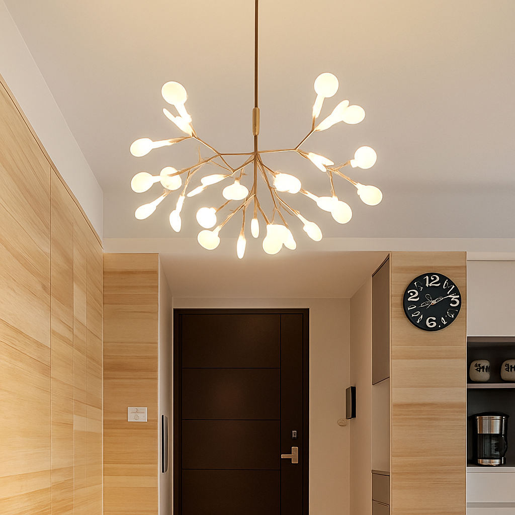 Multi-Branch LED Ceiling Fixture with Adjustable Height for Dining Room & Living Room | Modern Metal Chandelier in Copper or Black | Dimmabl