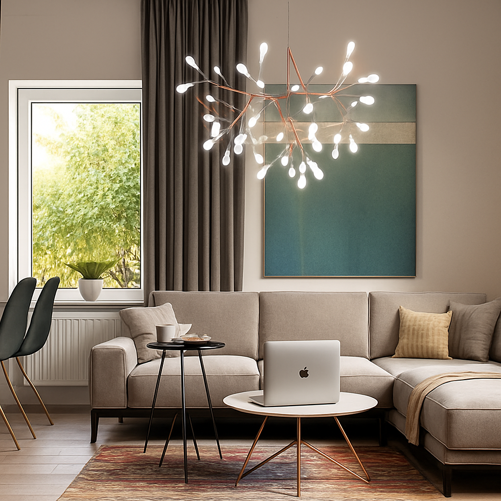 Multi-Branch LED Ceiling Fixture with Adjustable Height for Dining Room & Living Room | Modern Metal Chandelier in Copper or Black | Dimmabl