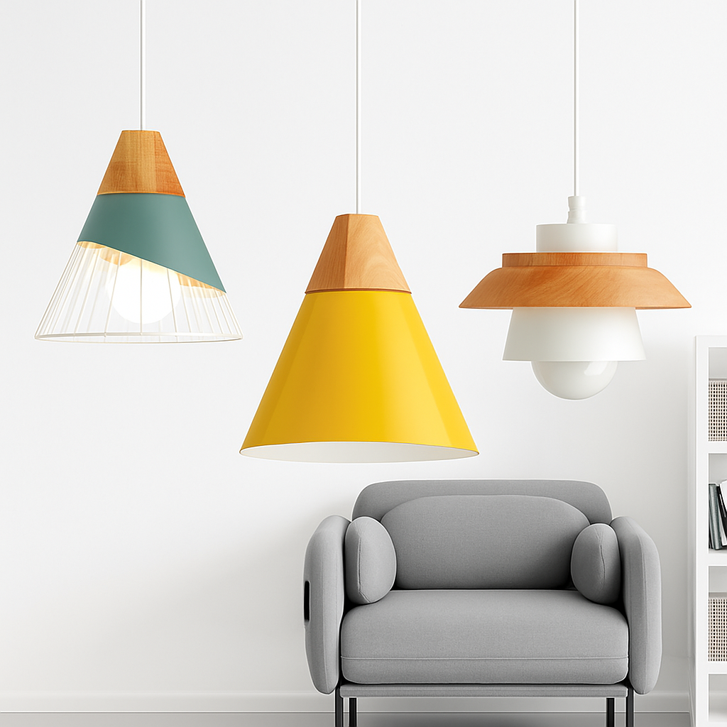Hanging Ceiling Lamp Wood Metal Shade 11 Inch Drop Light Fixture for Kitchen Island Dining Table Bedroom Scandinavian Style Adjustable Cord