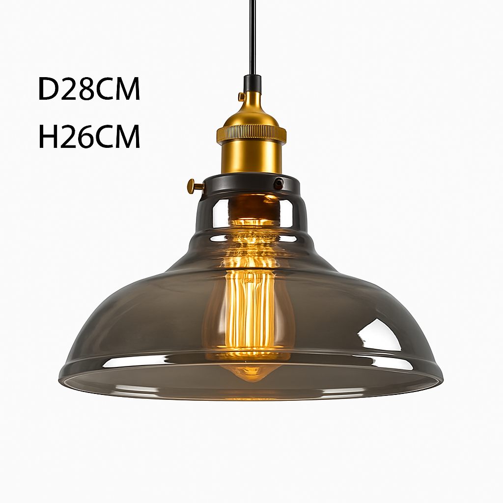 Smoked Glass Pendant Light with Iron Hardware – Vintage Hanging Ceiling Fixture for Dining Room, Kitchen, Bedroom & Living Room – E27