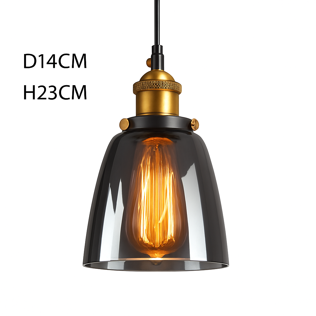 Smoked Glass Pendant Light with Iron Hardware – Vintage Hanging Ceiling Fixture for Dining Room, Kitchen, Bedroom & Living Room – E27