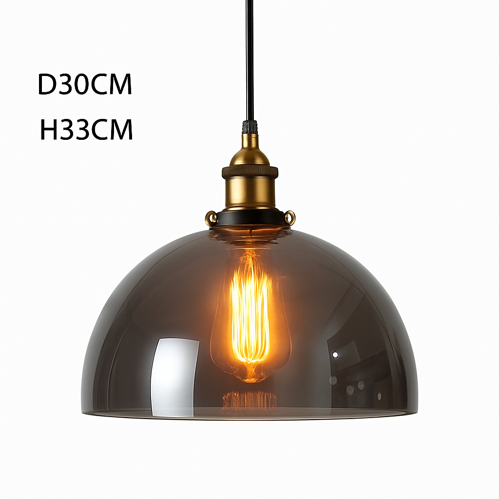 Smoked Glass Pendant Light with Iron Hardware – Vintage Hanging Ceiling Fixture for Dining Room, Kitchen, Bedroom & Living Room – E27