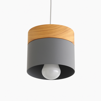 Cylinder Pendant Light with Wood Top and Metal Shade for Kitchen Island | Modern Scandinavian Hanging Fixture with Adjustable Cord for