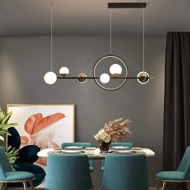Linear Hanging Light Fixture with 6 Spheres Black Aluminum 44 in for Dining Table Kitchen Island Modern Minimalist Adjustable Brightness War