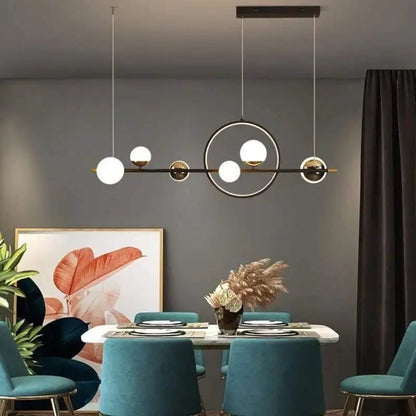 Linear Hanging Light Fixture with 6 Spheres Black Aluminum 44 in for Dining Table Kitchen Island Modern Minimalist Adjustable Brightness War