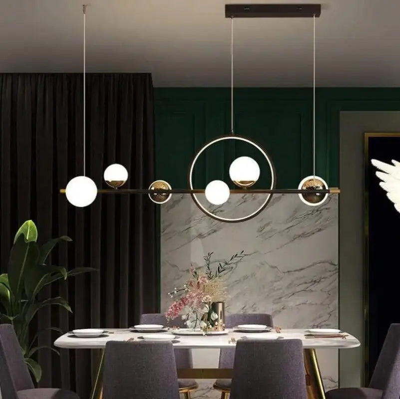 Linear Hanging Light Fixture with 6 Spheres Black Aluminum 44 in for Dining Table Kitchen Island Modern Minimalist Adjustable Brightness War