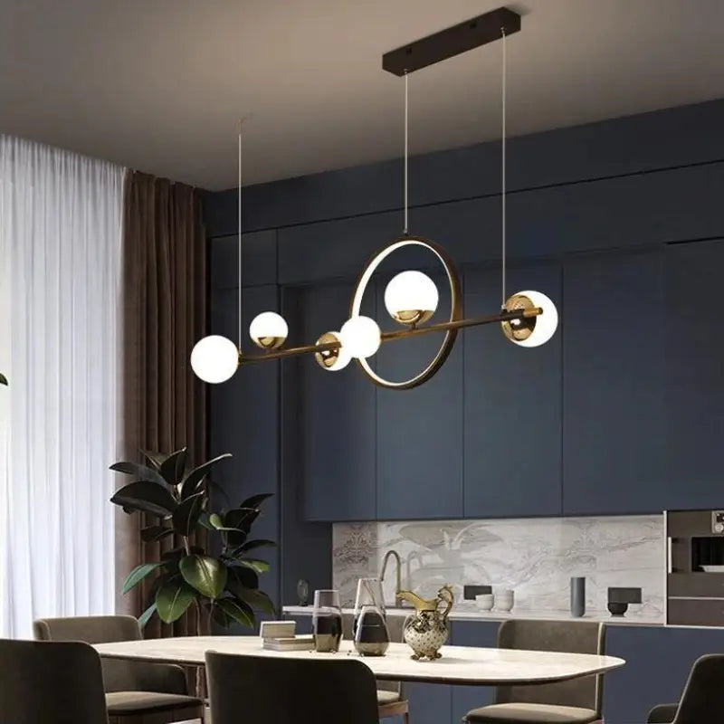 Linear Dining Room Chandelier Black Aluminum 6-Globe Adjustable LED Fixture 44 Inch for Modern Kitchen Island Living Space