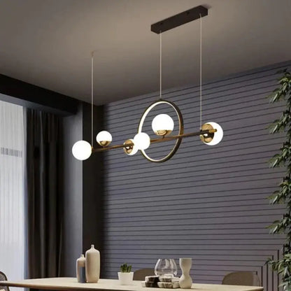 Linear Hanging Light Fixture with 6 Spheres Black Aluminum 44 in for Dining Table Kitchen Island Modern Minimalist Adjustable Brightness War