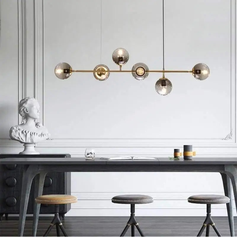 Six-Globe Linear Hanging Fixture with Clear Shades, 47-Inch Aluminum Bar for Over Tables & Islands, Adjustable Height