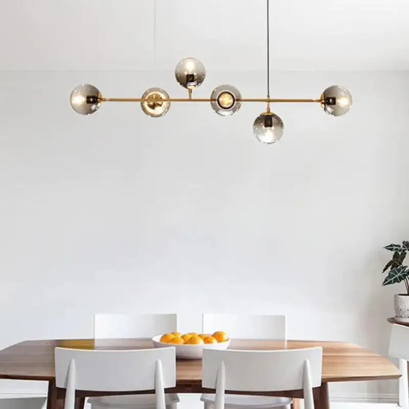 Six-Globe Linear Hanging Fixture with Clear Shades, 47-Inch Aluminum Bar for Over Tables & Islands, Adjustable Height