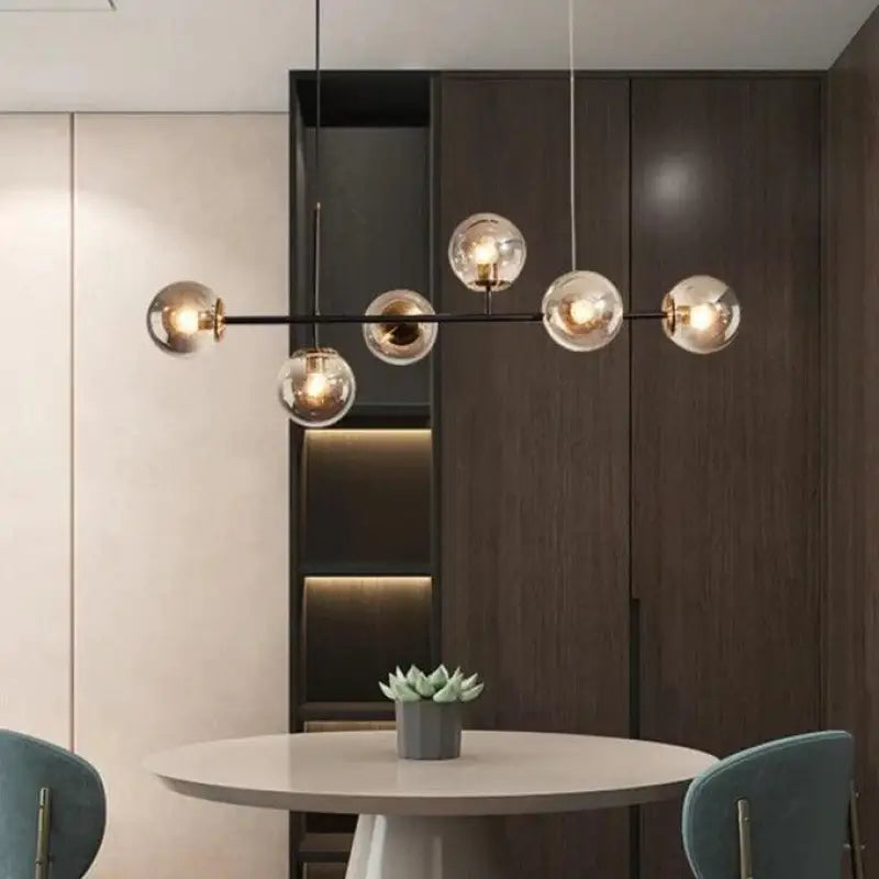 Six-Globe Linear Hanging Fixture with Clear Shades, 47-Inch Aluminum Bar for Over Tables & Islands, Adjustable Height