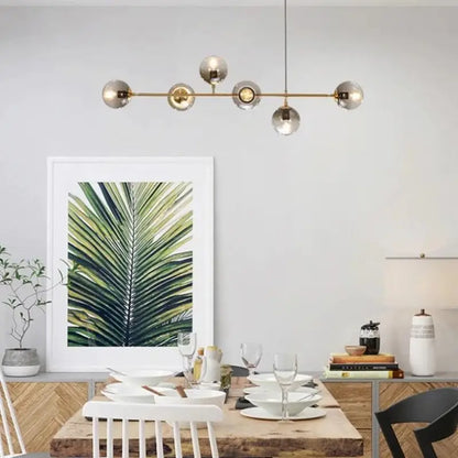 Six-Globe Linear Hanging Fixture with Clear Shades, 47-Inch Aluminum Bar for Over Tables & Islands, Adjustable Height