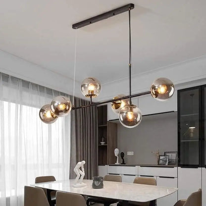 Six-Globe Linear Hanging Fixture with Clear Shades, 47-Inch Aluminum Bar for Over Tables & Islands, Adjustable Height