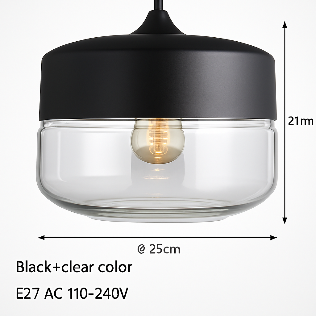 Industrial Glass & Metal Pendant Light for Kitchen Island, Dining Room & Bar | Modern Loft Hanging Fixture with Cord, E27 Socket, Amber or