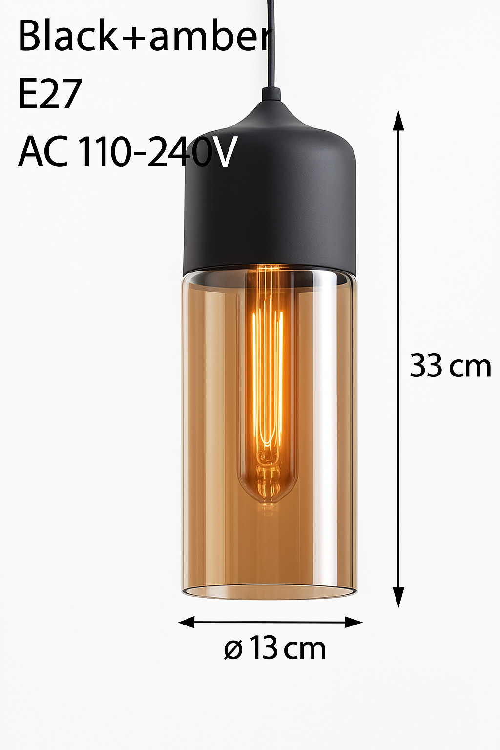 Industrial Glass & Metal Pendant Light for Kitchen Island, Dining Room & Bar | Modern Loft Hanging Fixture with Cord, E27 Socket, Amber or