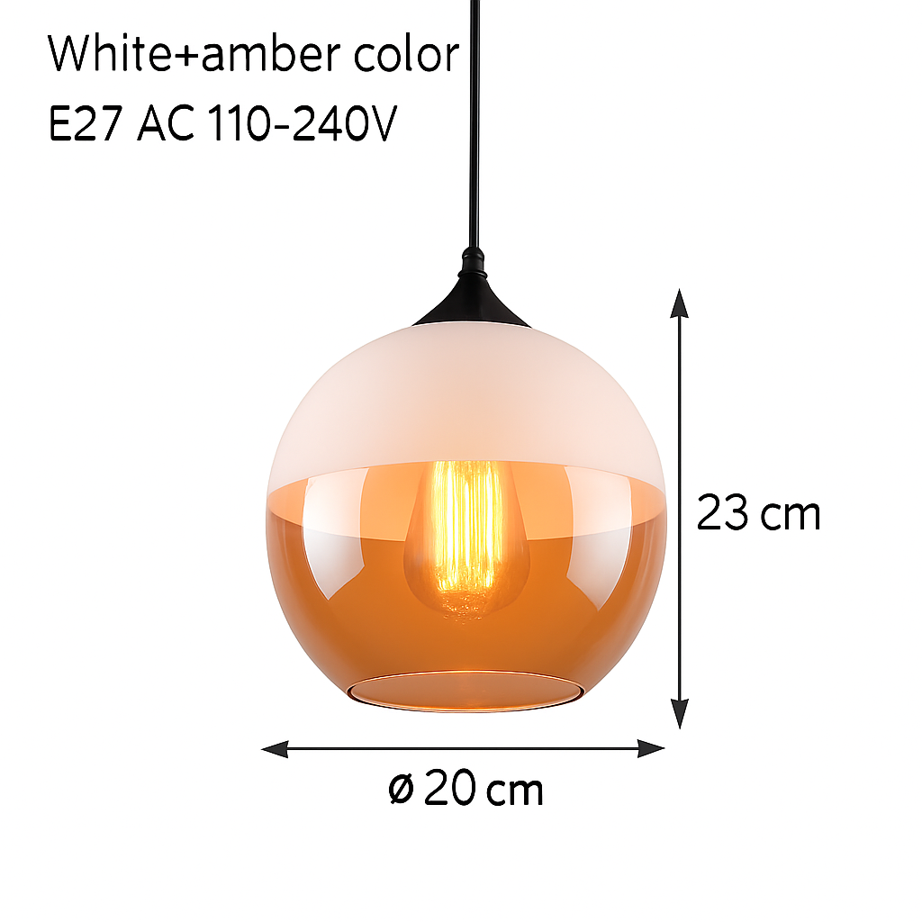 Industrial Glass & Metal Pendant Light for Kitchen Island, Dining Room & Bar | Modern Loft Hanging Fixture with Cord, E27 Socket, Amber or
